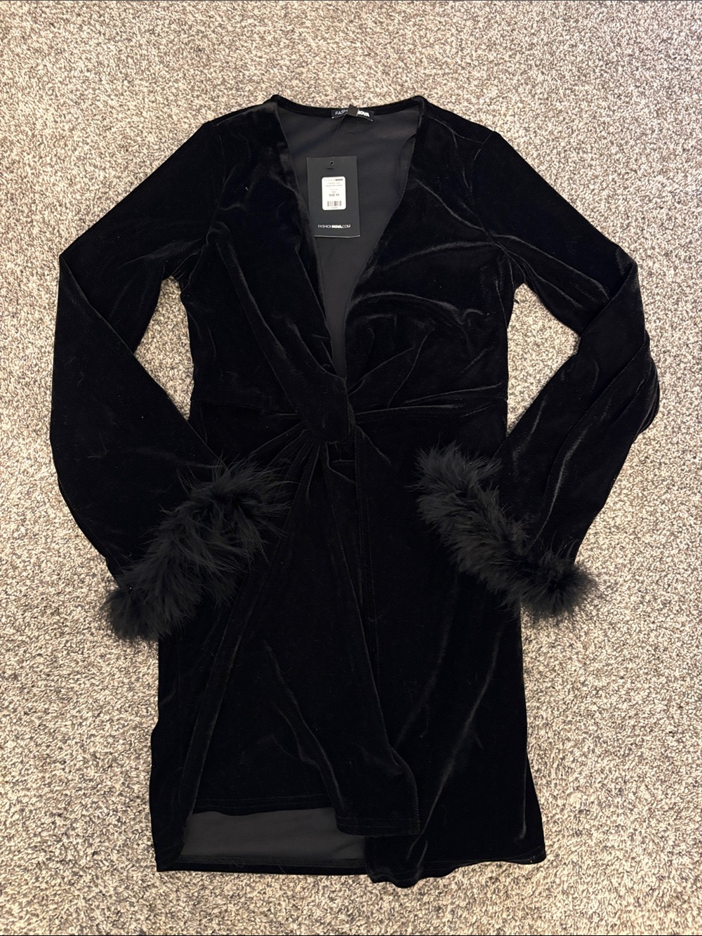 Fashion Nova Black Velvet Wrap Robe with Feather Cuffs